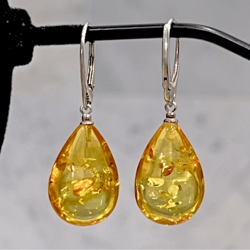 Honey Amber Lemon Drop Sterling Silver Lever Back Earrings